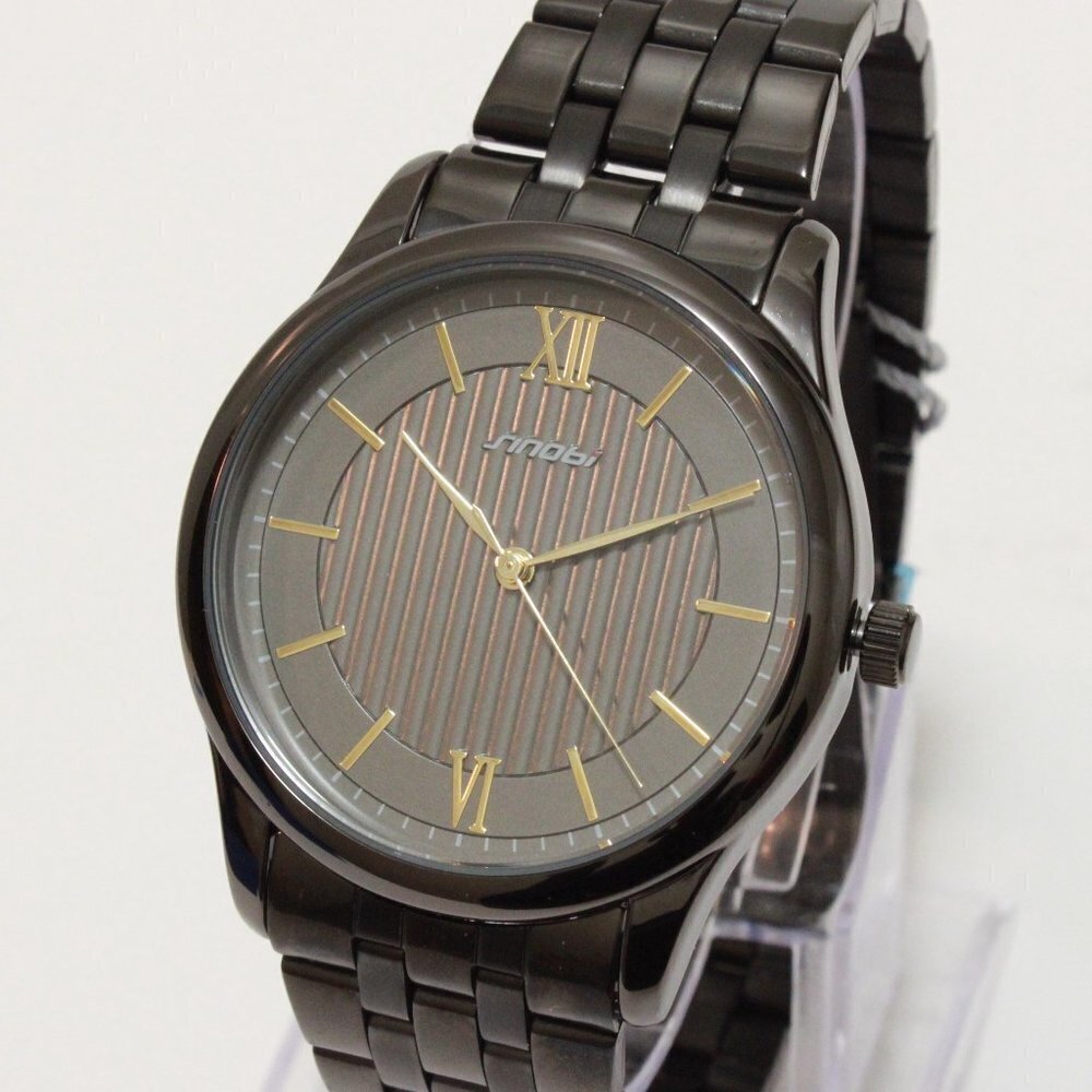 Ladies Classic Quartz Watch Black Textured Dial Gold Tone Indices Roman Numerals